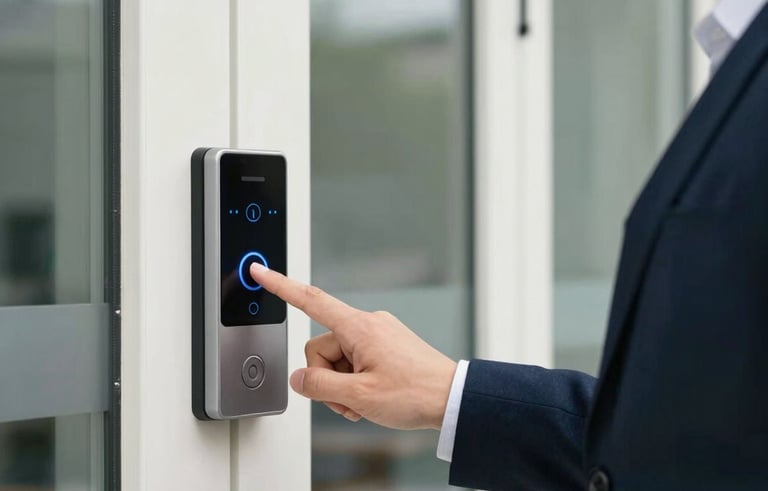 A professional Southeast Asian person in business attire using a finger on a high-tech biometric access control panel beside a modern glass door. The lighting is clean and emphasizes technological innovation, with off-white and navy blue tones dominating the scene.