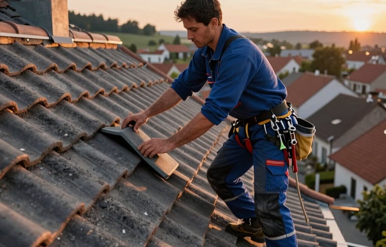 A professional roofer in workwear carefully laying terracotta tiles on a steep residential roof in a Western European village. Warm sunset lighting highlights the textures of the clay tiles and the expert craftsmanship. The color palette includes navy blue and charcoal grey.