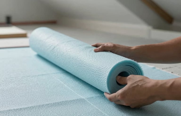 A close-up shot of an artisan installing high-quality thermal insulation material in an attic. Professional lighting, clean workspace, Western European residential setting. The color palette emphasizes soft light blue and pale grey tones.