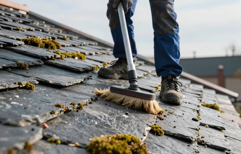 A professional cleaning service on a moss-covered slate roof in France. A worker using specialized equipment to remove debris, restoring the original look of the dark grey slates. Bright daylight, crisp professional photography. Palette includes medium blue and light blue.