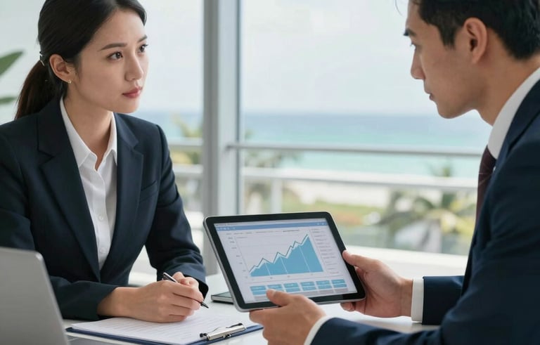 A professional business meeting between two property managers in a bright, modern office in Fort Lauderdale, South Florida. They are looking at a tablet showing financial growth charts. The setting is high-end with coastal views visible through a large window. Clean, corporate, and trustworthy mood.
