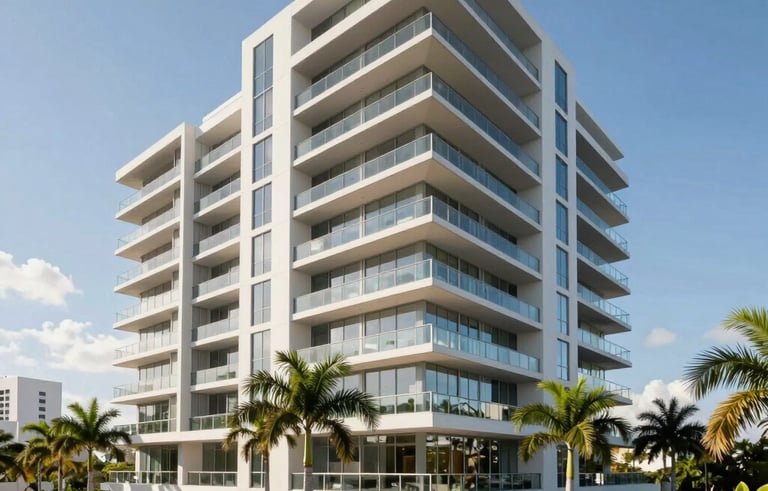 A wide-angle shot of a premium, modern luxury apartment complex in Fort Lauderdale, South Florida. The architecture features clean lines and large glass balconies. Lush green landscaping with palm trees surrounds the building under a clear blue sky. Professional, high-end real estate photography style.