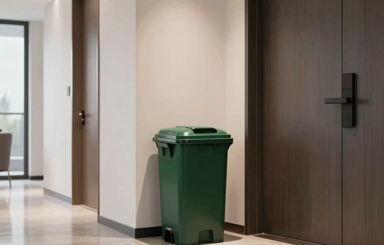 A clean and well-lit interior hallway of a luxury North American apartment building. A sleek, professional dark green waste container sits neatly next to a designer apartment door. The floors are polished and reflect the modern ceiling lighting. Minimalist and professional aesthetic.
