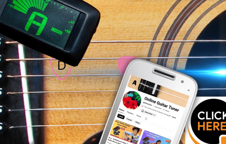 Digital clip-on guitar tuner and smartphone app used for tuning acoustic guitar strings.