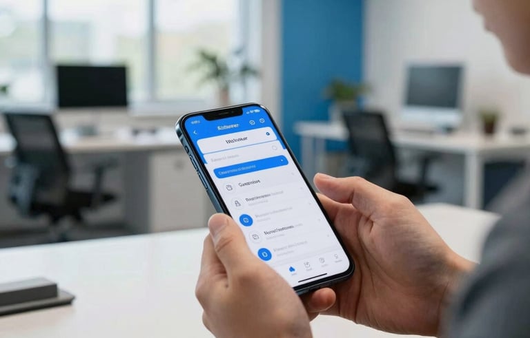 A professional North American developer testing a high-end mobile application on a smartphone in a bright Kitchener office. The background is a clean, modern workspace with steel blue and light gray decor, featuring natural lighting through large windows.