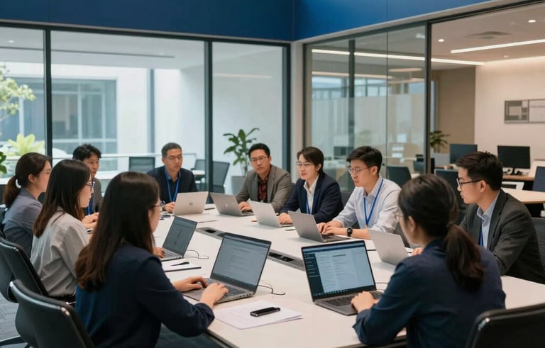 A wide-angle shot of a collaborative tech team in a North American corporate environment. They are gathered around a sleek conference table in a room with steel blue accents and modern glass architecture, symbolizing forward-thinking innovation.