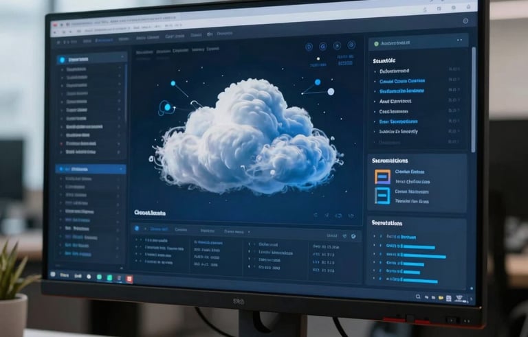 A sophisticated photography shot of a cloud computing dashboard on a large monitor in a Canadian tech hub office. The lighting is professional and soft, with deep blue and dark navy tones reflecting a sense of reliability.