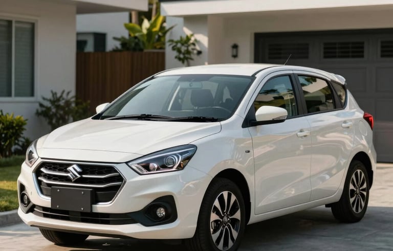 Photography of a sleek white Suzuki Ertiga parked in a modern Southeast Asian suburban driveway, bright morning sunlight reflecting off the polished car body, professional automotive style, clean and professional composition.
