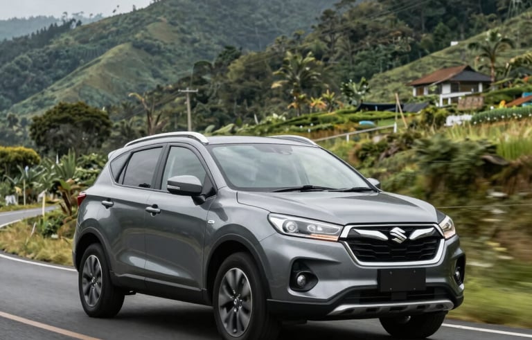 Photography of a metallic grey Suzuki XL7 on a scenic winding road through lush Indonesian highlands, dynamic low-angle shot showing ground clearance, professional lighting, automotive commercial style.