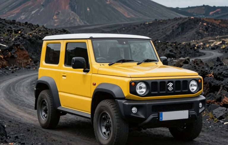 Photography of a kinetic yellow Suzuki Jimny 5-door driving on a rugged volcanic mountain path in Southeast Asia, dramatic landscape, sharp focus on vehicle, adventure and outdoor spirit.
