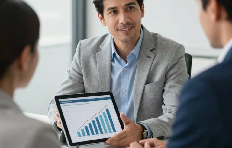 South American / Colombian financial advisor presenting growth charts on a tablet to a client in a bright office, professional attire, light gray and dark blue tones.