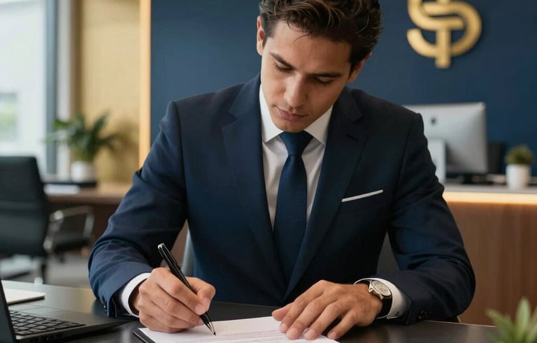 South American / Colombian executive signing a mortgage document at a sleek desk in a modern office, gold and dark blue branding accents, professional and secure atmosphere.