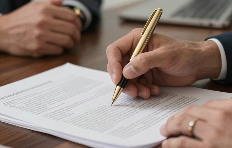 Close up of hands reviewing financial investment documents with a gold pen, modern South American / Colombian corporate environment, elegant dark wood table.