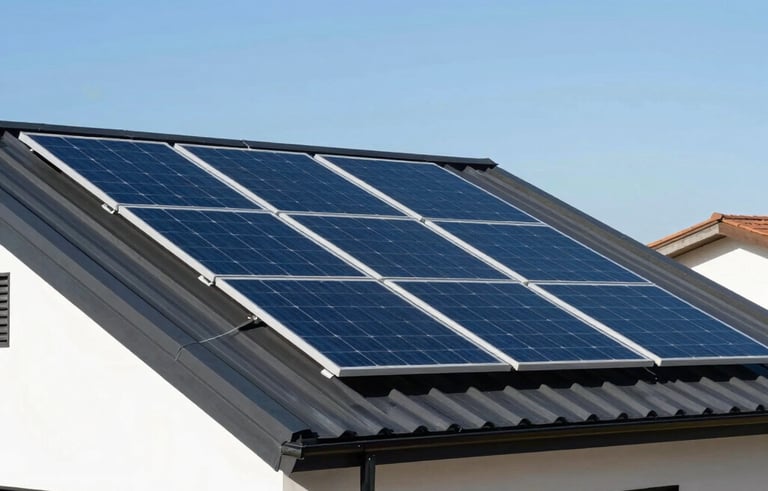 A modern South American house with sleek solar panels installed on a dark roof, bright sunny day, crystal clear sky, high-tech architectural photography with white and dark blue accents.