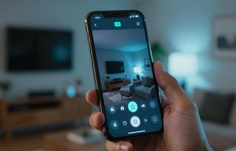 Close-up of a person's hand using a high-end smartphone interface to control living room lights, featuring soft blue and cyan ambient lighting in a modern Brazilian apartment.