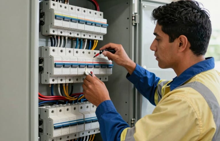A professional electrician in South American uniform working on a complex modern electrical circuit breaker panel in a well-lit residential garage, focusing on precision and safety.