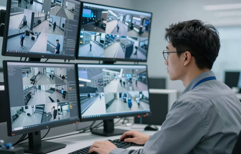 A clean, modern workspace in a North American setting showing a technician reviewing high-definition surveillance feeds on multiple monitors. The lighting is cool with light blue and grey tones, emphasizing technical expertise and attention to detail. No logos visible.