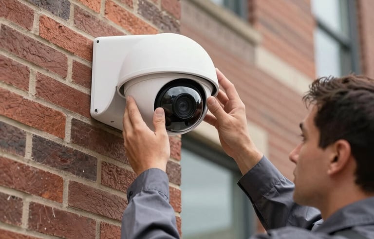 A close-up photograph of a professional technician in a charcoal grey uniform installing a sleek white dome security camera onto the exterior brick of a North American office building. Clear daylight, focusing on the precision of the installation and quality hardware. Professional and trustworthy atmosphere.