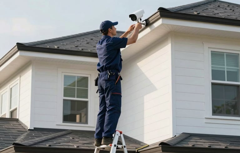 A wide photography shot of a technician standing on a ladder near the roofline of a modern North American home, strategically placing a high-end security camera. Bright, natural morning light, using a palette of navy blue and white. Professional residential security context.