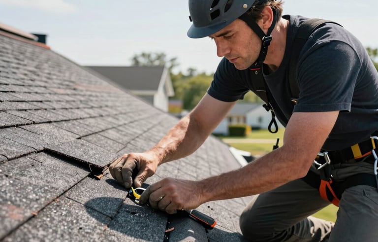 A close-up photograph of a professional roofer in a North American setting carefully inspecting and repairing damaged asphalt shingles on a residential roof during a clear day with bright natural light.