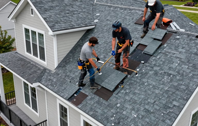 A high-quality real-world photograph of a residential roofing crew in North America completing a full roof replacement on a beautiful two-story house, using slate gray premium roofing materials.