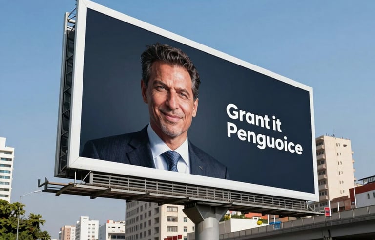 A massive, sleek billboard hoarding overlooking a high-traffic urban flyover in a modern Indian metro city under a clear Steel Blue sky, showcasing a professional advertising campaign.
