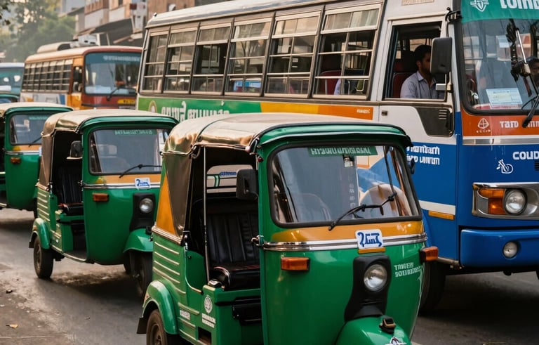 A vibrant fleet of auto-rickshaws and public buses in a busy South Asian city, all covered in professionally designed advertisements featuring bright Emerald Green and Steel Blue color schemes, moving through sunlit streets at golden hour.