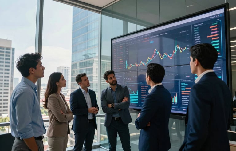 A group of Latin American tech professionals collaborating in a high-rise office overlooking a metropolis. They are standing around a large digital screen showing market trends, with reflective glass surfaces and a sophisticated tech aesthetic. Morning light, colors include dark navy and light blue.