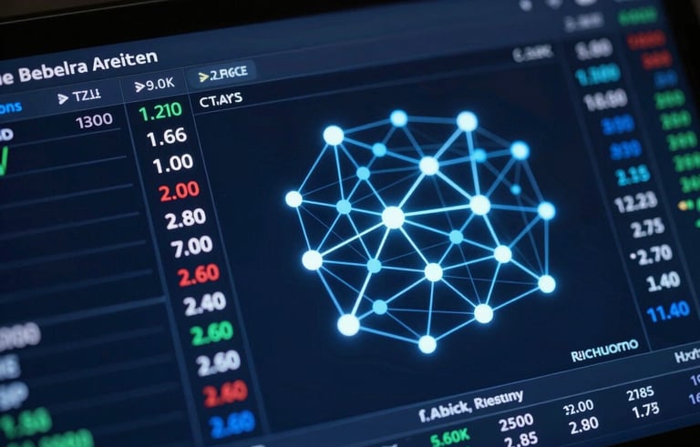 Close-up of a digital interface displaying real-time cryptocurrency price charts and artificial intelligence neural network nodes. The lighting is dramatic, with deep dark navy and bright light blue hues. The scene captures the high-speed essence of the digital economy.