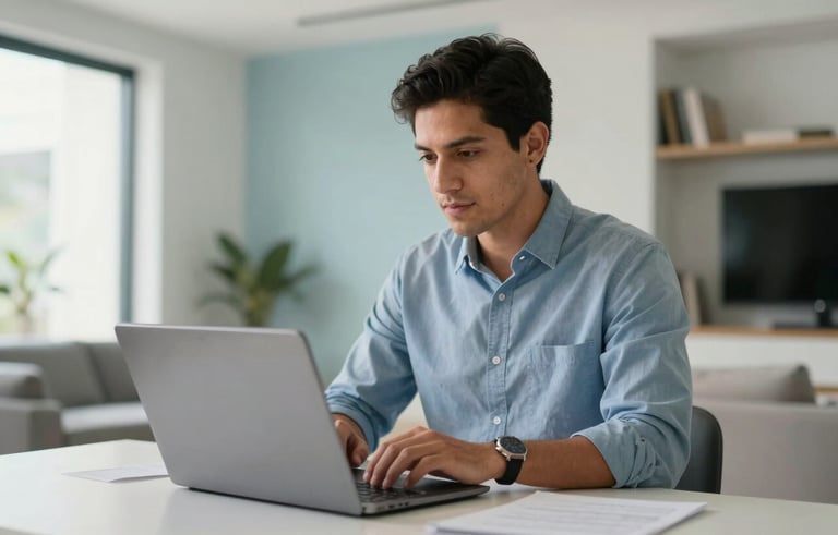 A Latin American male entrepreneur in his late 20s, focused on a sleek high-tech laptop in a sunlit, modern apartment in Mexico City. The environment is clean with soft light blue and off-white accents, conveying success and digital mastery. Professional photography, shallow depth of field.