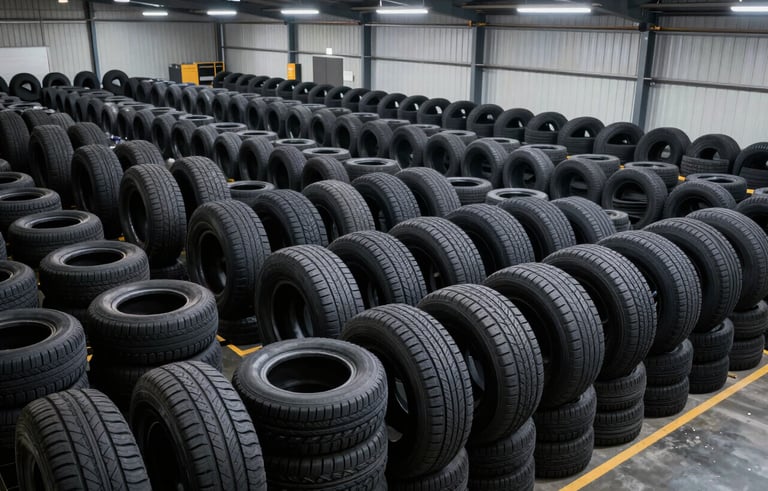 A high-angle professional photograph of a vast, clean tire warehouse in the North American region. Thousands of new black tires are stacked neatly in rows, illuminated by bright, cool industrial lighting, showcasing business efficiency and reliable supply. No people.