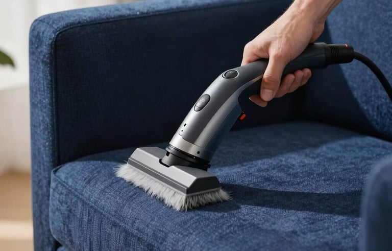 A technician using a detailed handheld upholstery cleaning tool on a navy blue fabric armchair in a modern US home. Soft natural lighting emphasizes the clean texture of the fabric.
