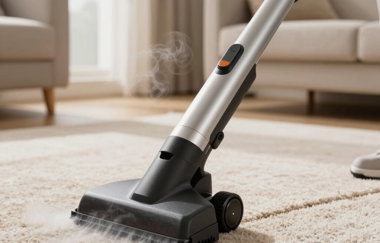 A close-up of a professional hot water extraction nozzle cleaning a beige carpet in a sunlit, modern North American living room, showing a visible clean trail and fresh steam. Premium, high-quality equipment.
