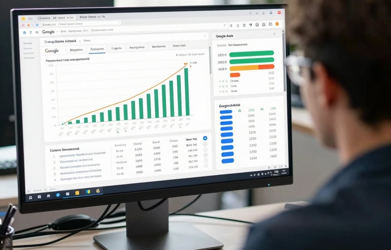 An over-the-shoulder shot of a person in a bright North American office looking at a large computer monitor displaying complex Google Ads metrics and SEO growth charts. Bright, natural lighting.