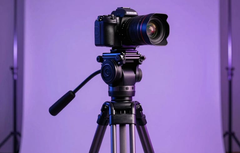 A cinematic shot of a professional North American photography studio. A high-end camera on a tripod is aimed toward a sleek setup with soft purple neon lighting. The atmosphere is clean and high-tech.