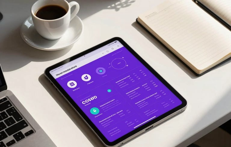 A top-down professional desk view in a sunlit North American office. A sleek silver tablet displays a vibrant purple social media analytics dashboard. Beside it sits a designer espresso cup and a minimalist notebook, emphasizing a modern work-from-anywhere lifestyle.