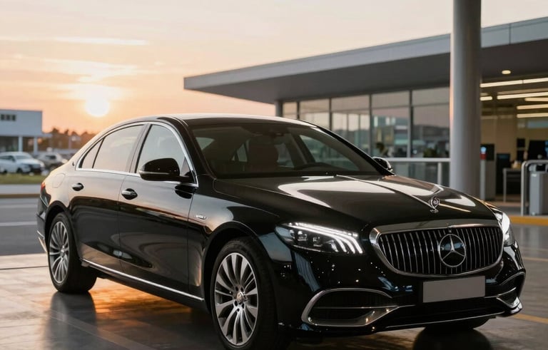 A luxury black sedan parked at a modern South American airport terminal at sunset, soft golden lighting reflecting off the polished car body, professional and clean atmosphere.