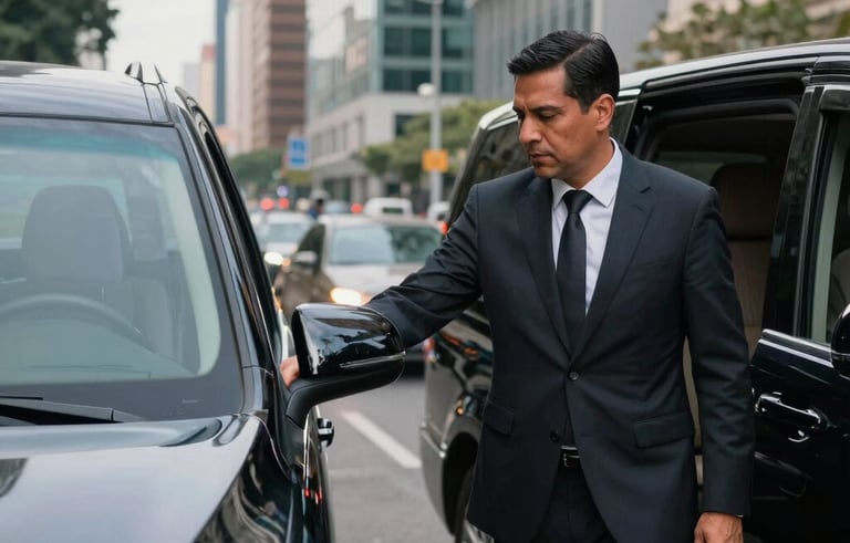 A professional chauffeur in a dark suit opening the door of a high-end black vehicle for a passenger in a busy South American business district with modern glass skyscrapers.