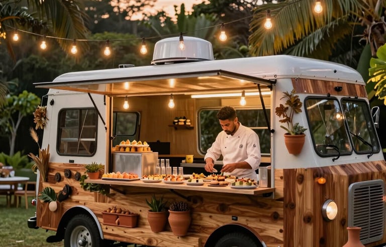 A premium food truck experience at an evening outdoor wedding celebration in a lush Brazilian tropical garden. Warm string lights hang above, a chef in a white coat is plating gourmet appetizers. The truck is decorated with natural wood and terracotta elements. Festive atmosphere, sunset light.