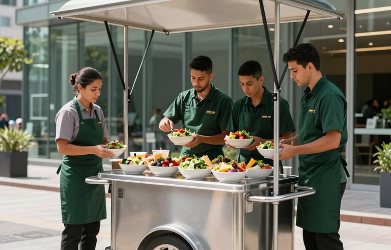 A professional catering setup with a mobile food cart outside a glass-walled modern office building in a South American business district. Staff members in dark green aprons are preparing colorful salad bowls. Professional, reliable, and clean atmosphere in bright daylight.