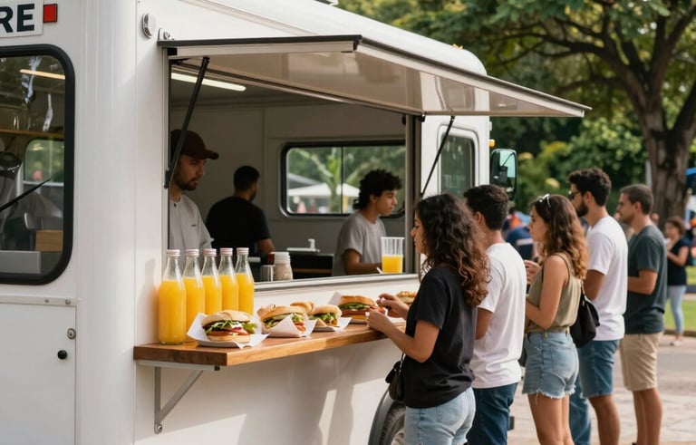 A modern, clean food truck parked in a sunny Brazilian city park during the afternoon. On the wooden counter, there are fresh natural sandwiches wrapped in recycled paper and glass bottles of orange juice. People are waiting in an orderly queue. The setting is bright and breezy with vibrant green foliage in the background, South American style.