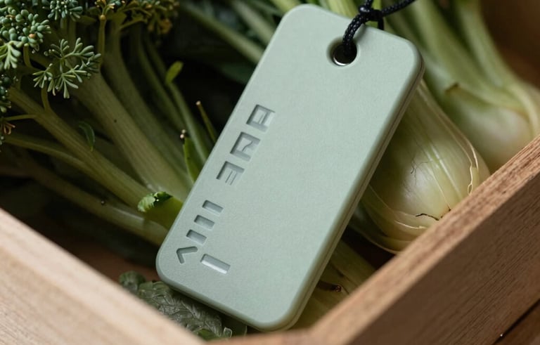 Macro photography of an innovative electronic tracking tag on a wooden crate of fresh produce, professional and authoritative mood, international trade context, palette of Dark Forest and Light Sage.