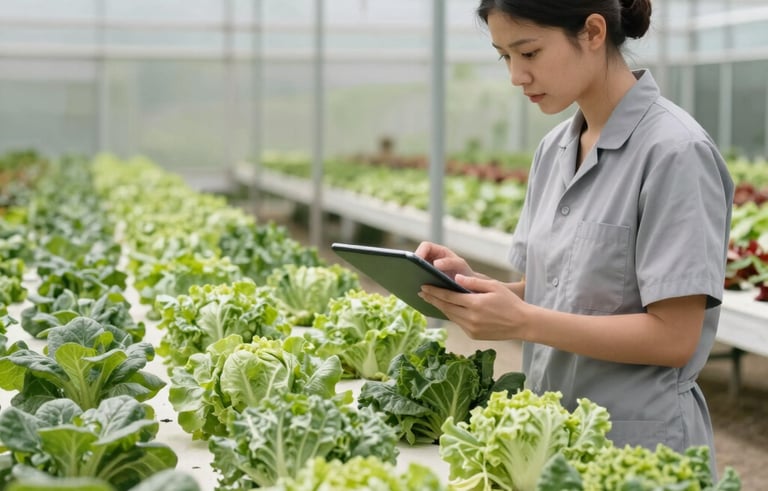 High-angle photography of a professional using a tablet in a modern greenhouse to analyze rows of fresh vegetables, natural lighting, North American context, palette includes Light Grayish Green and Forest Green.