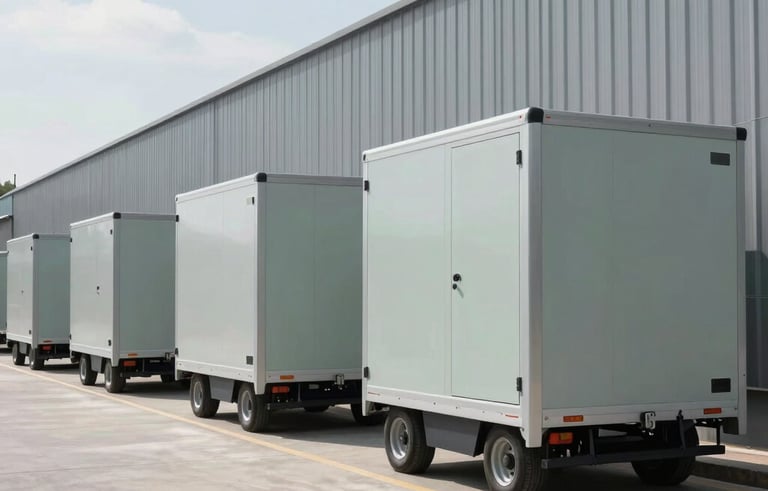 Wide-angle shot of a clean, sophisticated logistics warehouse with modern transport equipment, bright daylight, North American setting, featuring refined grays and Light Sage.