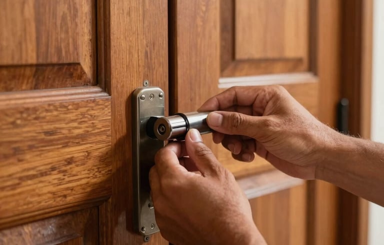 Detailed photography of a professional locksmith's hands installing a high-security lock cylinder into a sturdy wooden door. South American / Brazilian home setting, clean and warm atmosphere, professional and reliable vibe.