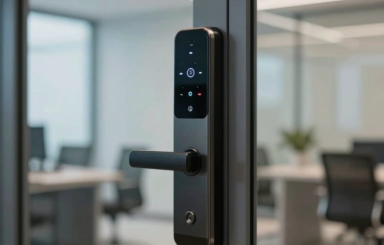 Professional commercial setting in Brazil showing a modern glass office door with an electronic biometric lock, clean aesthetic, cool corporate lighting.