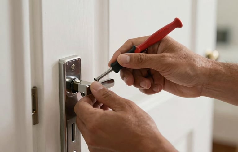 Close-up photography of a locksmith's hands precisely working on a door lock in a bright South American home, soft natural light, professional tools visible, clean and modern atmosphere.
