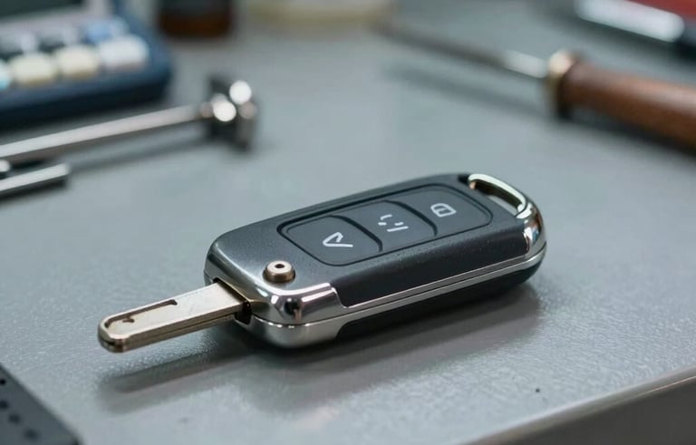 Close-up photography of a high-quality modern car flip key with metallic accents resting on a professional workbench. The background shows a blurry locksmith shop environment in South American / Brazilian setting. Sharp focus, clean and professional look with grayish blue and silver tones.