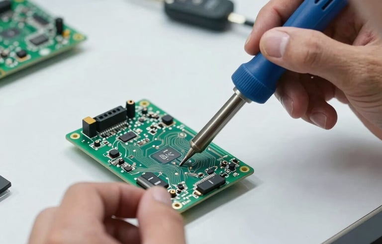 Macro photography of a technician repairing a delicate electronic circuit board of a car key with a soldering tool. Clean workshop environment in South American / Brazilian style, bright natural light, professional blue and white tones.