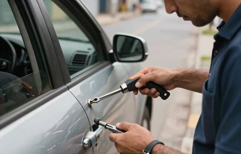 Action shot of a locksmith using specialized tools to open a modern car door in a South American urban street, daylight, professional and efficient vibe.